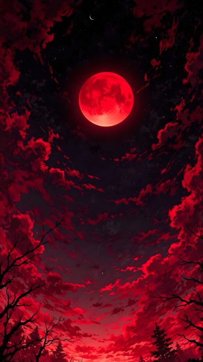an image of a red moon in the night sky with clouds and trees around it Red Moon Halloween Red Hd 1080p, Png Luna, Red Clouds, Red Sky Anime, Rote Hintergrundbilder, black