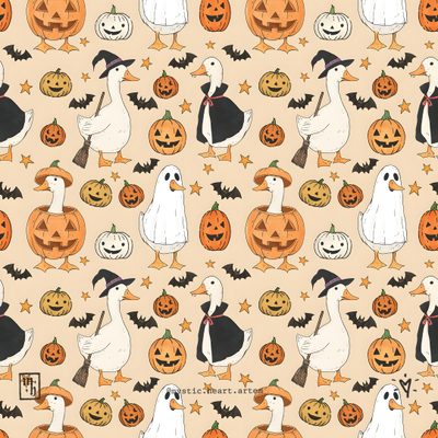 a group of ducks and pumpkins on a light colored background with black bats, jack - o'- lanterns, and stars Halloween Goose Cute Halloween Duck, Halloween Ducks, Thanksgiving Pattern, Halloween Duck Backgrounds, wheat