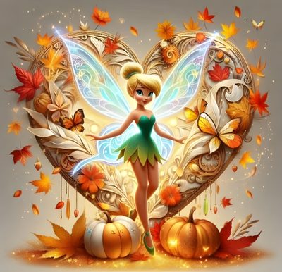 a beautiful fairy standing in front of a heart shaped frame with autumn leaves and pumpkins Tinkerbell Halloween Tinkerbell Thanksgiving, Tinkerbell Season Fairies, Tinkerbell Halloween Images, rosy brown