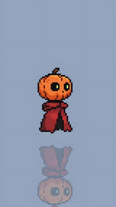 an orange pumpkin with a red scarf on it's head is reflected in the water Halloween Pixel Art Gif Halloween Background Pixel Art, Sims Pixel, Monster Pixelart, dark gray