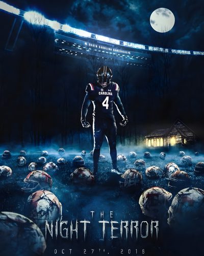 a football player standing in the middle of a field Cool Halloween Football Neon Night Posters Football, Football Field Under Stadium Lights, Football Game Night Design, black