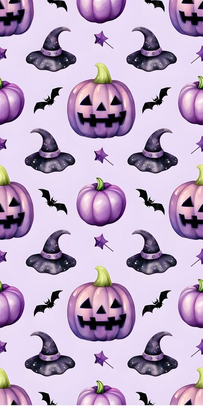 an image of halloween pumpkins with bats and stars on purple background seamless wallpaper Purple Halloween Pattern Purple Halloween Dessert Pattern, Purple Halloween Pattern, Purple Halloween Pattern With Bats, lavender