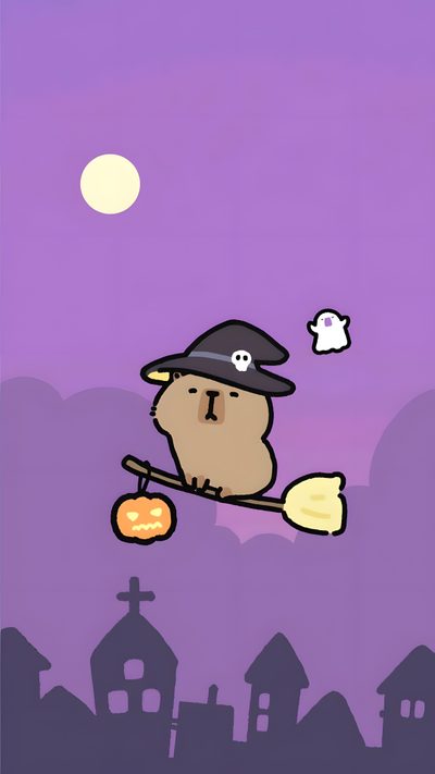 a cartoon character flying through the air with a broom Capybara Halloween Purple Capybara, Capybara Gif, Fall Capybara, Capybara Halloween Drawing,