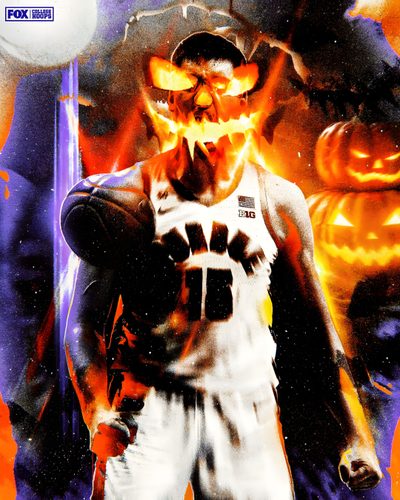 an image of a basketball player in the middle of a poster with flames coming out of his face Halloween Nba Halloween Nba, Halloween, Freddy Vs Jason Poster, Halloween Fox, Basketball Gfx, saddle brown