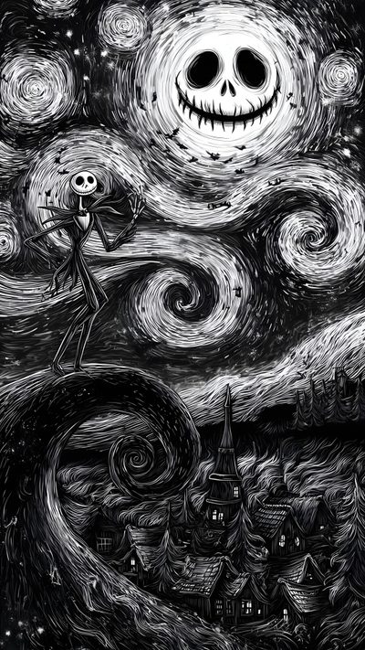 a black and white drawing of jack skellingy on the night sky with stars Black And White Halloween Tim Burton Ipad, Halloween Spooky, Dark Fall Aesthetic, dark slate gray