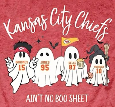 the kansas city chiefs shirt has three ghost characters on it and one is holding a flag Chiefs Halloween Chiefs Halloween Costume, Chiefs Pumpkin Painting, Kc Chiefs, Kansas, indian red