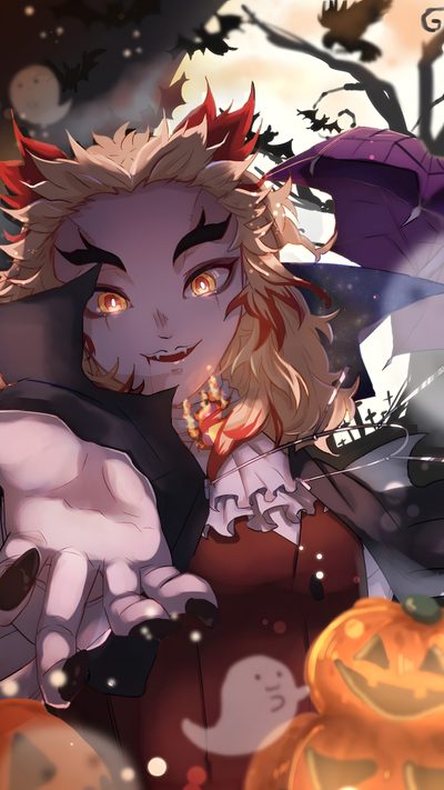 an anime character is surrounded by pumpkins Rengoku Halloween Anime Character With Halloween Theme, Anime-themed Party Decor, Halloween Anime Art, dim gray
