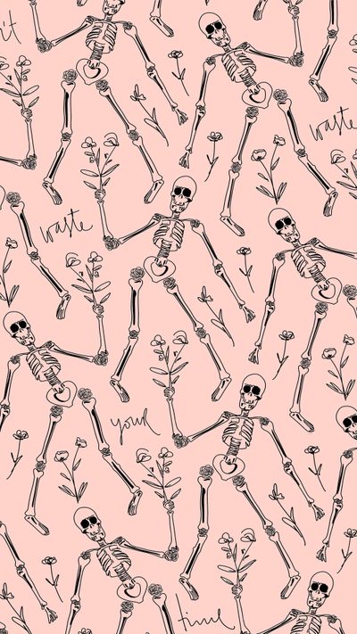 a pink background with black and white skeletons on it Pink Halloween Skeleton Pink Horror, Pink Skeleton, Halloween Iphone Backgrounds, Halloween Iphone, bisque