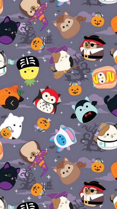an image of halloween themed wallpaper with cats and pumpkins on the ground in various colors Cute Halloween Squishmallow Squishmallows, dim gray