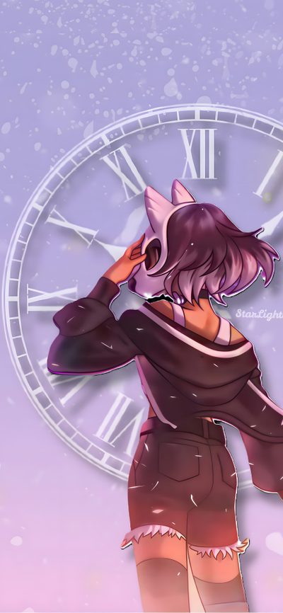 a woman standing in front of a clock with her hand on her head and looking off to the side Halloween Aphmau Fanart Aphmau, Kim From Aphmau, Kim Aphmau, Aphmau Anime, Aphmau Ein, light steel blue