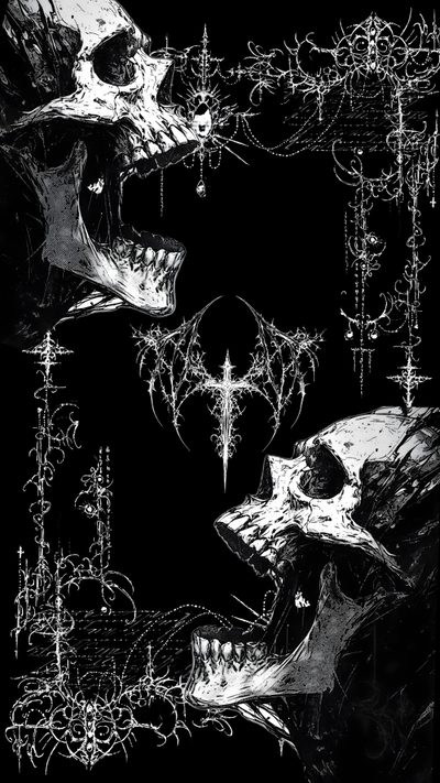 two skulls with their mouths open in front of black and white artwork on a dark background Halloween Iphone Aesthetic Black And White Edgy, Dark Art Illustrations, White Aesthetic, Dark Art,
