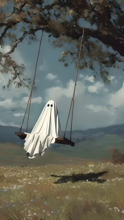 a painting of a ghost on a swing Halloween Ghost Tree Ghost Aesthetic Iphone, Iphone Ghost, Happy Ghost, Spooky Ghost, dim gray