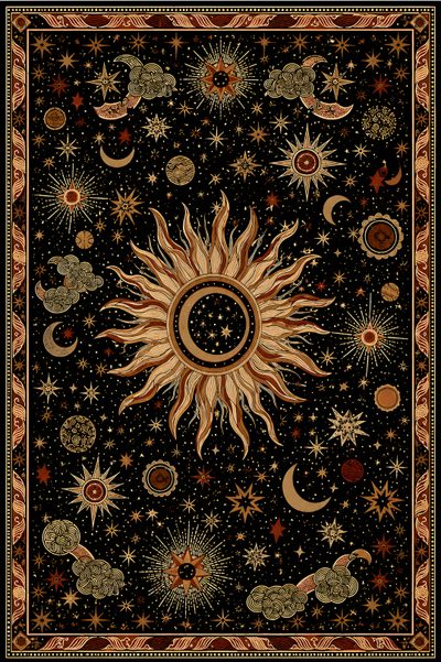 the sun, moon and stars are depicted in an intricately designed design on a black background Halloween Sun Pattern Witchy Moon Art, September Theme, Whimsigoth Poster, black