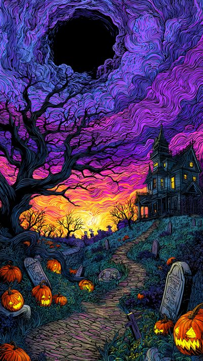 a halloween scene with pumpkins on the ground and a creepy house in the background Halloween Comic Halloween Illustration Art, Halloween Live, Castlevania, dark slate gray