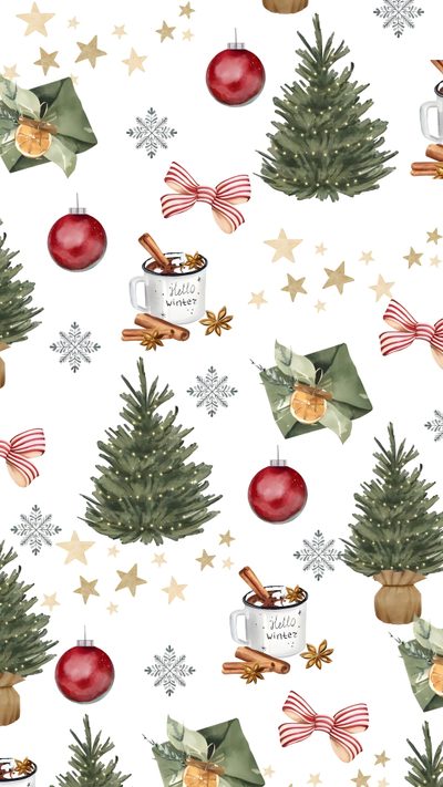 watercolor christmas tree with mugs and stars on white background, seamless pattern Cute Halloween And Christmas Christmas Background Iphone, Christmas Hd, Fondos De Pantalla De Feliz Navidad, white