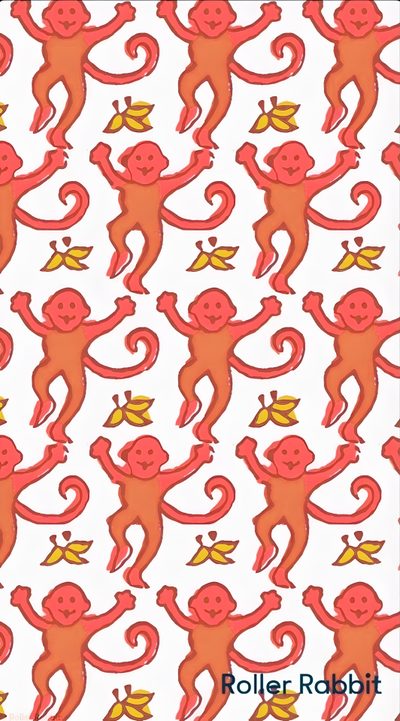 an orange and red monkey pattern on a white background with the words roller rabbit written below it Roller Rabbit Halloween Funny Animal Pattern Decor, Kids Room Decor Ideas, Monkey Pattern Design, misty rose