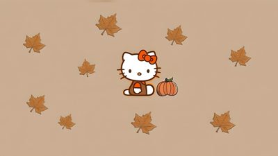 hello kitty wallpaper with autumn leaves and pumpkins Halloween Hello Kitty For Ipad Cute Fall Laptop, Fall Hello Kitty Laptop, Hello Kitty Thanksgiving Computer, tan