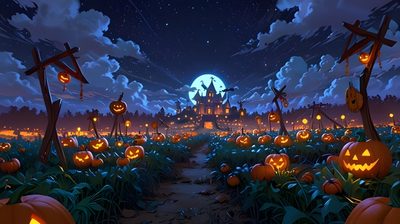 an animated halloween scene with pumpkins on the ground Halloween 5k Ideas Pc Halloween, Halloween Pc Background, Pumpkin Patch Computer Background, dark slate gray