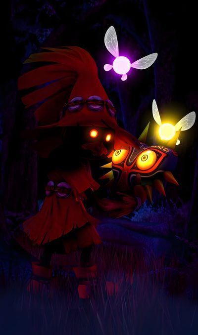 an animated image of a dragon with glowing eyes in the dark forest at night time Legend Of Zelda Halloween Majoras Mask Iphone, Majoras Mask, Majoras Mask Phone, Majora's Mask 3d, black