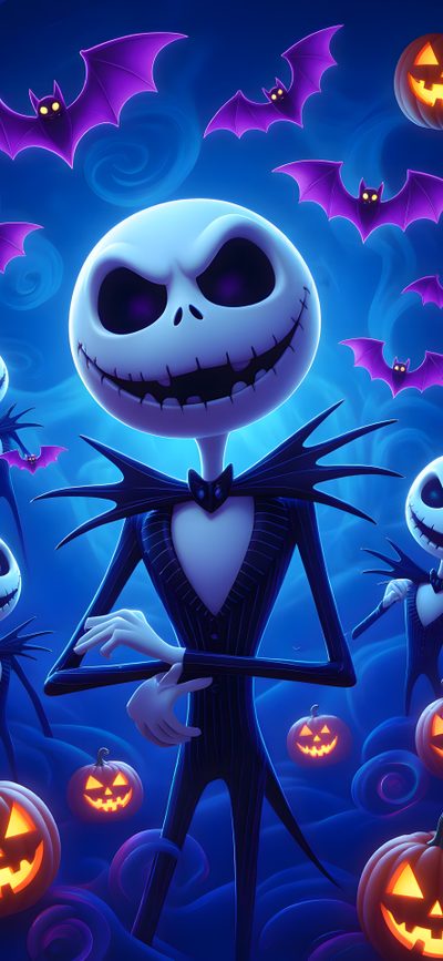 the jack skellingy skeleton is holding a knife in front of some pumpkins Halloween Jack Skellington Halloween Image, Halloween Nightmare Before Christmas, Cute Jack Skellington, midnight blue
