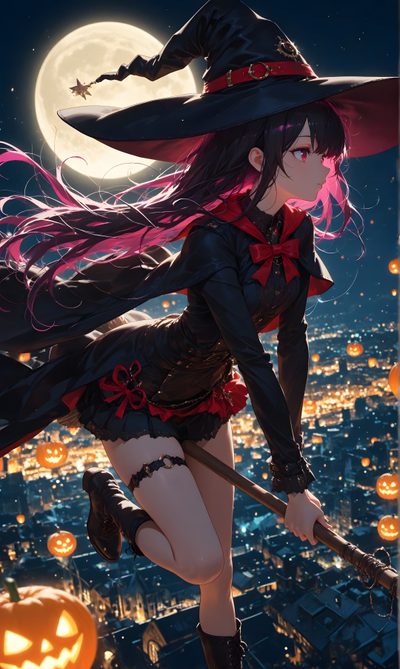 a woman dressed as a witch flying through the air Halloween Anime Hd Anime Halloween, Anime Witch, Halloween Witch Art Anime, dark slate gray