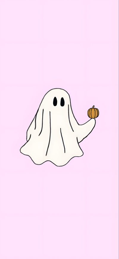 a ghost with a pumpkin in its hand Ios 16 Aesthetic Halloween Cute Ghost And Pumpkin Background, Iphone Pumpkin And Ghost, Ghost And Pumpkin Background, lavender blush
