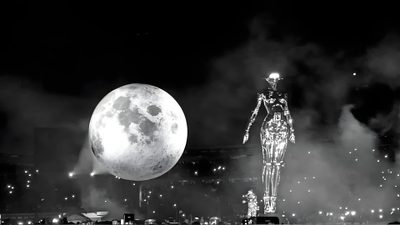 a giant moon in the middle of a night sky next to a statue with a human body on it The Weeknd Halloween Weeknd Aesthetic Pc, The Weeknd Computer, Macbook Aesthetic The Weeknd, black