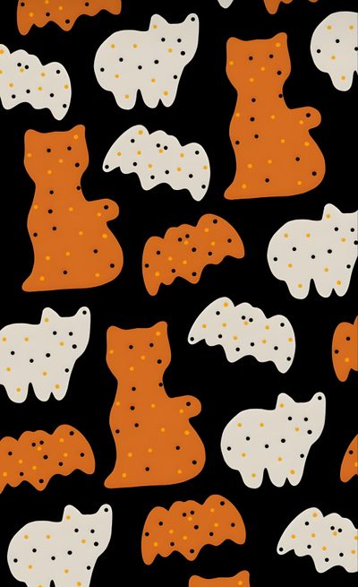a black background with orange and white dog shaped biscuits on it's sides, Halloween Cookie Aesthetic Halloween Pattern Background, Cute Halloween Pattern, Halloween Cat Themed, saddle brown