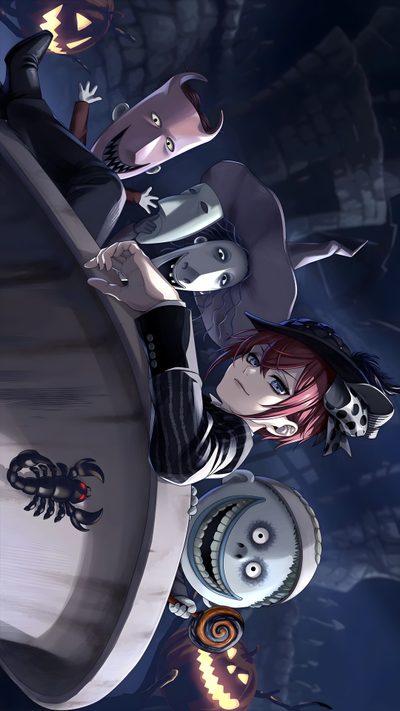an animated image of two people standing next to each other in front of a clock Twisted Wonderland Halloween Riddle Cards, Twisted Wonderland Official Art, Disney Twisted Wonderland, dark slate gray