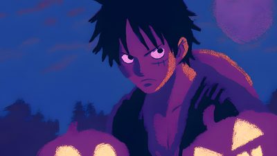 an animated image of a man with dreadlocks holding two pumpkins in his hands Luffy Halloween One Piece Computer Gif, One Piece Gif Laptop, Luffy Computer, midnight blue