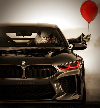 a clown riding in the back of a black car with a red balloon attached to it Bmw Halloween Bmw Joker, Bmw M5 Zeichnen, Bmw Horror, Bmw Srt8, Bmw Scary Look, dark slate gray
