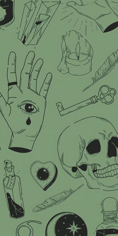 an image of various items that are drawn in black and yellow Aesthetic Sage Green Halloween Ouija Yellow Custom, Yellow Background Tattoo Art, Tattoo Flash, gray