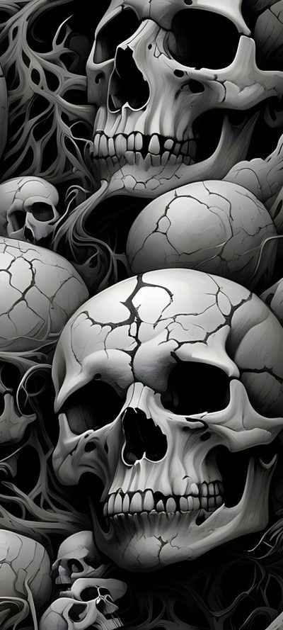 a bunch of skulls with their heads turned upside down Halloween Thorny Skulls Warm Gray Skull Head, Skulls Pic, Viking Skull, Skulls Picture,