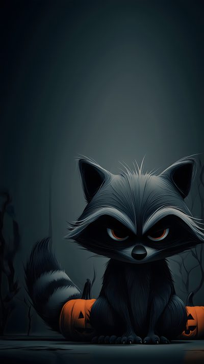 a raccoon sitting on the ground in front of a dark background with leaves Halloween Raccoon Spooky Moose Background, Raccoon Cartoon, Raccoon Black Background, Halloween Panda,