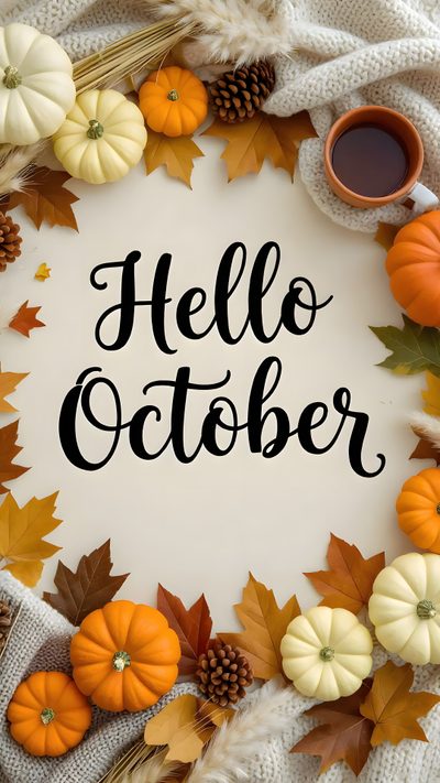 the words hello october surrounded by autumn leaves and pumpkins Halloween Hello October Happy October Images, Hello October Pictures, Welcome October, Hello October Hd, tan