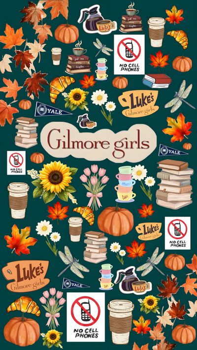 an illustrated poster with different types of food and drinks on the front, including pumpkins, Gilmore Girls Halloween Gilmore Party Ideas, Happy Planner Layout, Planner Obsessed, dark olive green