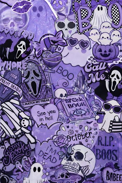 a purple background with lots of stickers and skulls on it's side, Purple Preppy Halloween Purple Aesthetic Cute Halloween, Scream Purple, Purple, Purple Scream,