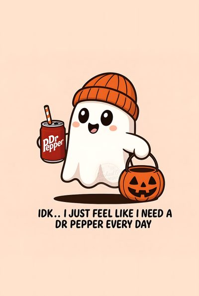 a cartoon ghost holding a can of dr pepper's halloween drink with the caption, idk i just feel like i need a dr pepper every day Dr Pepper Halloween Ghost With Dr Pepper, Easy Easy Dr Pepper Drawing, Ghost, blanched almond