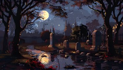 a painting of a cemetery at night with the moon in the sky and trees around it 8 Bit Halloween Dark Cottagecore Aesthetic, Halloween Desktop, Halloween Street, Pixel Art Background, black