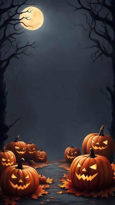 halloween pumpkins with jack o lantern faces in the middle of a forest at night Pumpkin Halloween Background Halloween Day Background, Halloween Theme Background, Halloween Backgrounds, dark slate gray