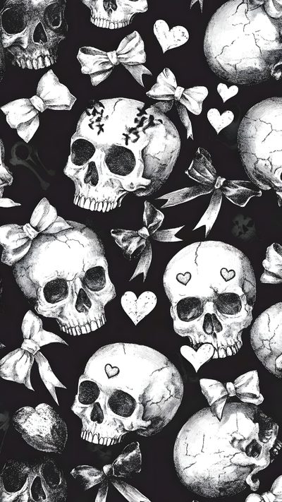 black and white skulls with bows and hearts Black And White Halloween Skulls In Bow Emo, Goth, Witchy, Gothic, Whatsapp, Halloween Iphone, dark slate gray