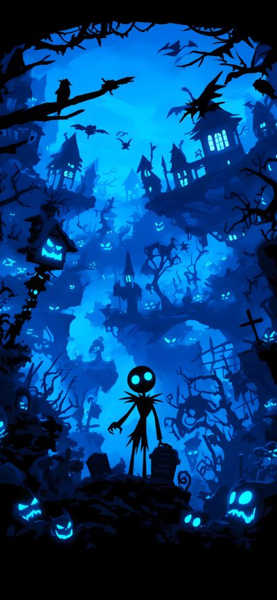 a cartoon character standing in front of a blue background with spooky houses and bats Blue Halloween Iphone Purple Background Spooky Art, Blue Spooky, Dark Blue Halloween,