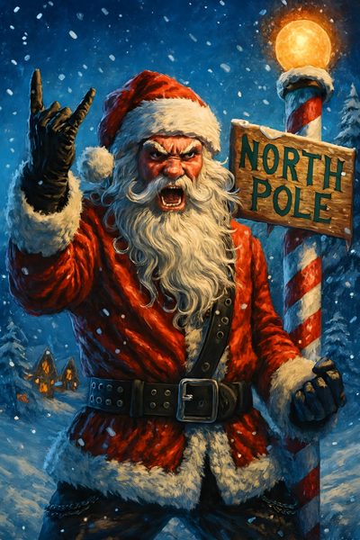a painting of santa claus holding a north pole sign Halloween Santa Claus Christmas Horror Art, Christmas Horror, Grim Reaper Art, dark slate gray