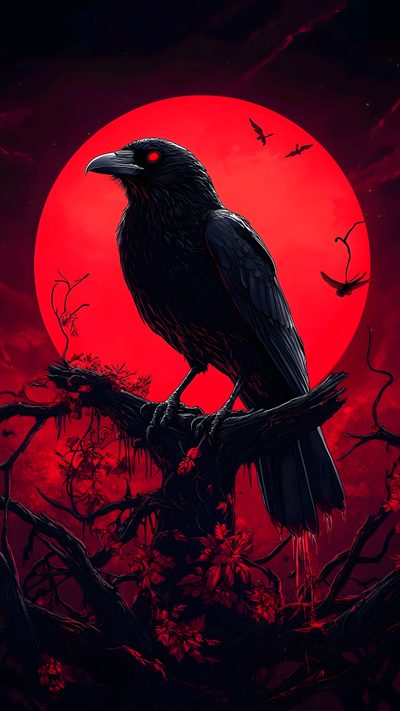 a black bird sitting on top of a tree branch in front of a red moon Halloween Raven Evil Raven, Black And Red Raven, Red Raven, Raven Bird, Crows With Red Moon Background,