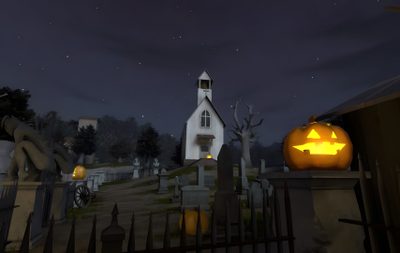a halloween pumpkin sitting on top of a fence next to a white church at night Tf2 Halloween Tf2 Uber, Tf2 Witch, Red Oktoberfest Tf2, Tf2 Halloween, Tf2 Oktoberfest, dark slate gray