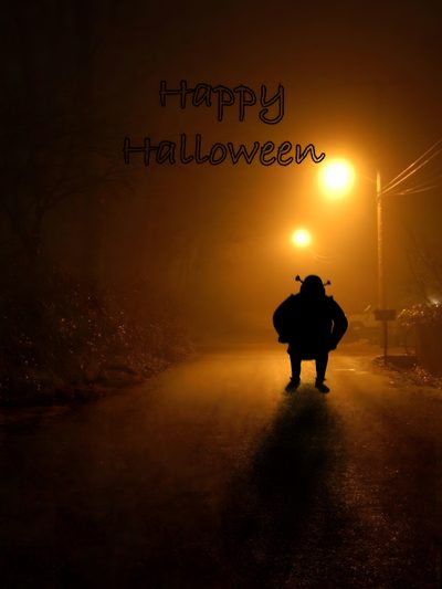 a person walking down a street at night with the words happy halloween written on it Halloween Shrek Shrek Halloween, Shrek, Happy Halloween, Halloween, Drawings, Movie Posters, black