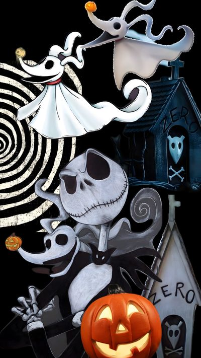a halloween scene with jack skellingy, skeleton and ghost Zero Halloween Zero Jack Skellington, Zero Nightmare Before Christmas, Nightmare Before Christmas, dark slate gray
