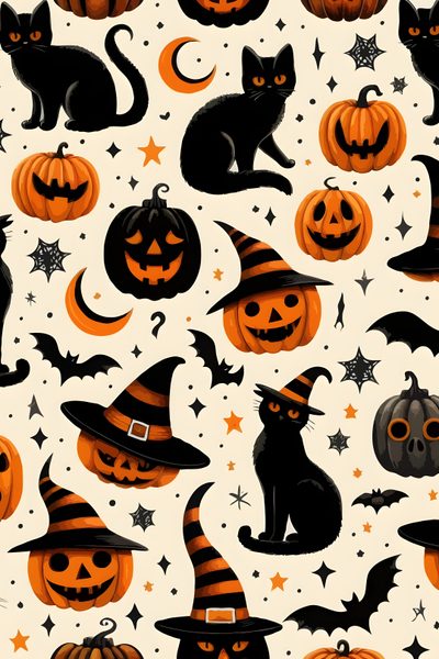 halloween seamless background with pumpkins, cats and bats in black and orange colors Halloween Fabric Cat Bones Witch And Halloween, Halloween Pattern Ideas, Spooky Halloween Projects, antique white