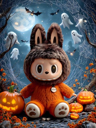 a teddy bear dressed as a bunny sitting in front of pumpkins and ghost's Halloween Labubu Ảnh Tường Cho Điện Thoại, Dragon Kid, Canvas, Christmas, Kids, dim gray