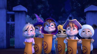 the cartoon characters are dressed up as trick - o - treaters and pumpkins Alvin And The Chipmunks Halloween Chipettes Halloween, Alvin And The Chipmunks Pumpkin, The Chipmunks Halloween, dark slate gray